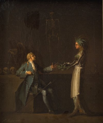 A esposa do médico revela a intenção do marido de anatomizar Niels Klim de Nicolai Abildgaard