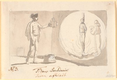 Tempo despido. Um oficial hussardo com uma laterna magica mostra uma imagem de um pecador na pira e ao lado de um monge recitando orações de Nicolai Abildgaard