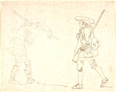 Duas figuras masculinas ambulantes, uma vestida de caçador, a outra carregando um feixe de varas de Nicolai Abildgaard