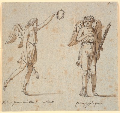 Dois gênios, um com um ramo de oliveira, o outro com um fasces de Nicolai Abildgaard