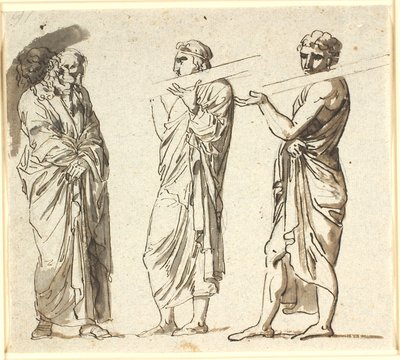 Três homens em pé, os dois mais jovens carregando uma prancha no ombro, o terceiro mais velho em uma postura pensativa de Nicolai Abildgaard