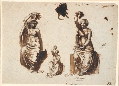 Três estudos para uma figura feminina sentada alegórica com uma cabeça erguida de Medusa na mão direita de Nicolai Abildgaard