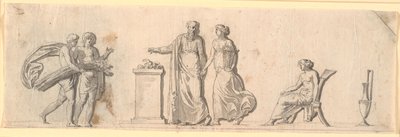 Esboço para decoração de um campo, presumivelmente um painel de madeira pintado sobre um móvel. Figuras antigas com cestas de flores e neg em um altar de Nicolai Abildgaard