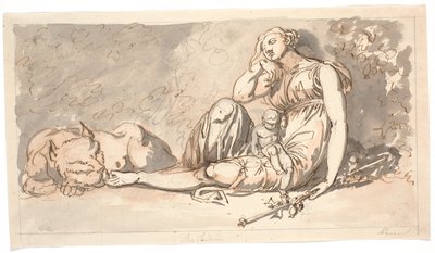 Rascunho para peça de porta. O Sono, uma figura feminina reclinada com uma criança pequena e à sua direita um leão de Nicolai Abildgaard