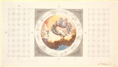 Projeto de decoração de teto com cassetes e no centro uma imagem circular com a manhã espalhando flores de Nicolai Abildgaard