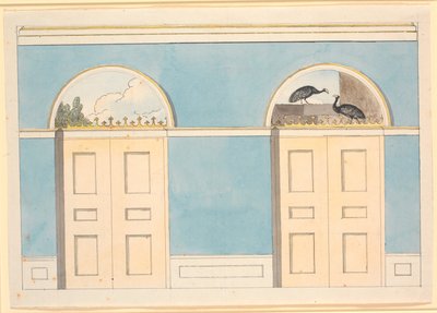 Projeto de decoração de parede com campos semicirculares acima de duas portas, em paredes azuis de Nicolai Abildgaard