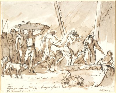 Ullin traz o cadáver de Oscar para a Escócia. Poemas de Ossian, Temora I de Nicolai Abildgaard