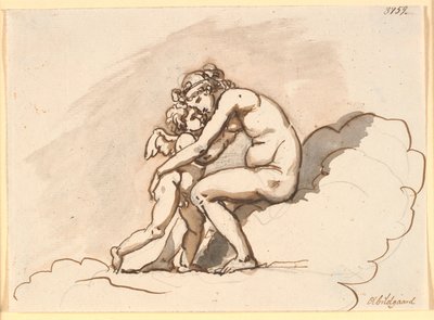 Vênus, sentado nas nuvens, abraça Cupido de Nicolai Abildgaard