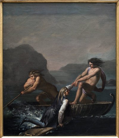 O naufrágio Niels Klim salvo por dois Quamites. Trecho da Viagem Subterrânea de Niels Klim de Nicolai Abraham Abildgaard