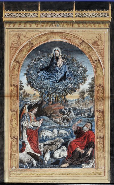 Cópia de Burning Bush. Moisés no Monte Sinai descalça os seus sapatos. À sua volta, um anjo, a Virgem e Cristo e um rebanho de ovelhas. Desenho anónimo. Dim: 84x54cm. Museu Granet, Aix en Provence. de Nicolas (after) Froment