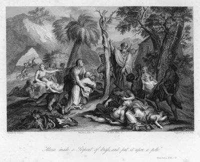Levantando a serpente descarada, Números XXI, 9 (gravura) de Nicolas (after) Poussin