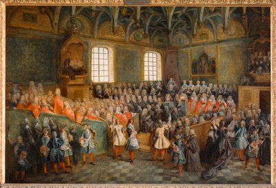 Sessão do Tribunal (Lit de Justice), realizada no Parlamento em 22 de fevereiro de 1723 ... de Nicolas (attr. to) Lancret
