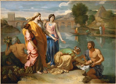 Moisés salvo das cheias do Nilo pela filha do Faraó ... de Nicolas (attr.to) Poussin