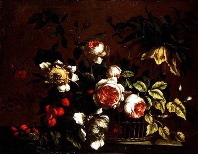 Rosas, peônias e outras flores em um parapeito de Nicolas (circle of) Baudesson