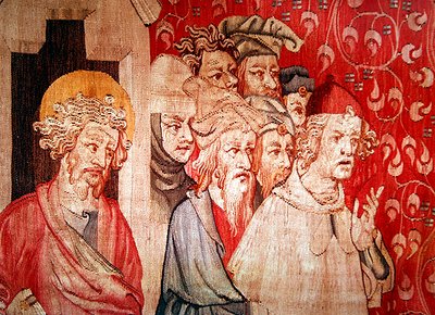 Detalhe de homens ouvindo o anjo predizer sua tortura, de "O Apocalipse de Angers", 1373-87 de Nicolas Bataille
