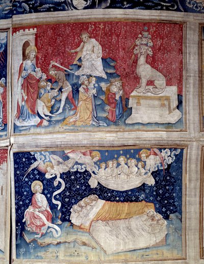 Pendurado de Apocalipse (1373-1383). N. 44 de altura: a besta tem sete cabeças. N. 51 baixo: O sono dos justos. Tapeçaria de Nicolas Bataille (1330-1405) de Nicolas Bataille