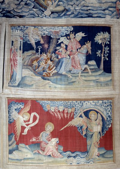 Pendurar do Apocalipse (1373-1383), n. 24: a quinta trombeta: uma chave liberta os gafanhotos. Abaixo, n. 27, o Anjo do livro aparece a São João que transcreve a mensagem divina ao som dos sete tóners. Tapeçaria de Nicolau Bataille (133 de Nicolas Bataille