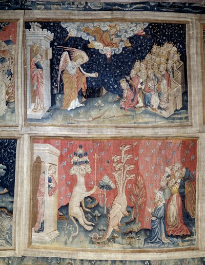 Pendurado de Apocalipse (1373-1383), n. 24: a sétima trombeta. N. 39: Adoração do Dragão. Tapeçaria de Nicolas Bataille (1330-1405) de Nicolas Bataille