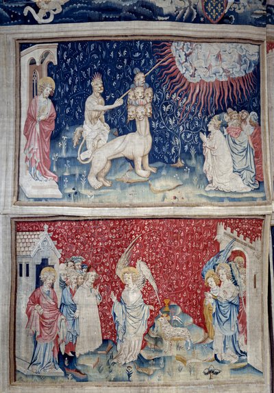 Pendurado de Apocalipse (1373-1383), n. 44: o Bete da terra provoca a queda do fogo do céu. Abaixo, n. 51, o terceiro anjo e o cordeiro. Tapeçaria de Nicolau Bataille (1330-1405) de Nicolas Bataille