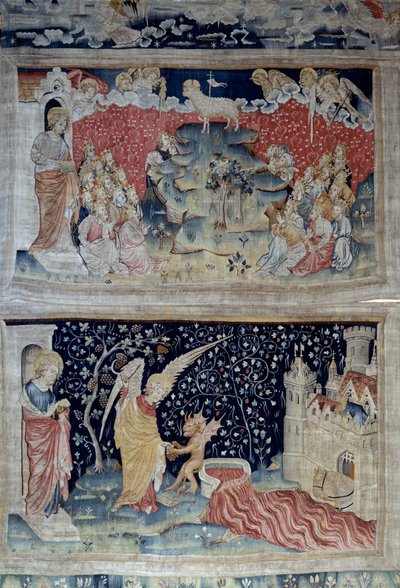 Pendurado de Apocalipse (1373-1383), n. 47: o Cordeiro no Monte Zion. Abaixo, n. 55: o Anjo pega a videira da terra, que jorrava na grande cuba da ira de Deus, a cuba transborda e o sangue se espalha. Tapeçaria de Nicolas Bataille (1330-1405) de Nicolas Bataille