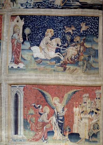 Pendurado de Apocalipse (1373-1383), n. 70: a Palavra de Deus carrega as beterrabas. N. 74: São João perante o Anjo e Jerusalém Nova. Tapeçaria de Nicolau Bataille (1330-1405) de Nicolas Bataille