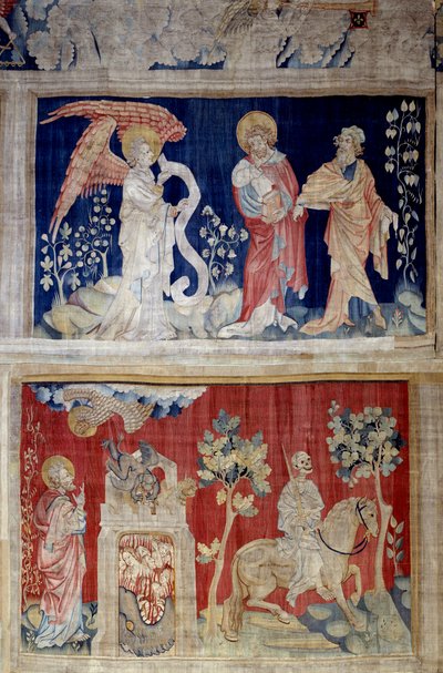 Pendurado de Apocalipse (1373 -1383), No. 6 e No. 10: No. 6 de altura: John chora por não poder abrir o livro, um velhote o console; No. 10 baixo: A morte deixa um lugar de sofrimento atrás dele). Tapeçaria de Nicolas Bataille (1330-1405) de Nicolas Bataille