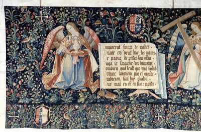 Pendurado do Apocalipse (1373-1383), anjos portadores de instrumentos da Paixão. Tapeçaria de Nicolas Bataille (1330-1405) de Nicolas Bataille