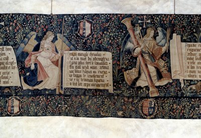 Pendurado do Apocalipse (1373-1383), anjos portadores de instrumentos da Paixão. Tapeçaria de Nicolas Bataille (1330-1405) de Nicolas Bataille