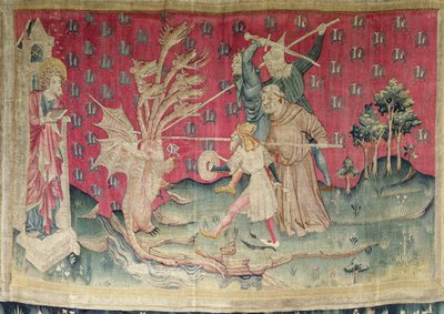 O Dragão Lutando com os Servos de Deus, não. 39 do "Apocalipse das fadas", 1373-87 (tapeçaria) de Nicolas Bataille