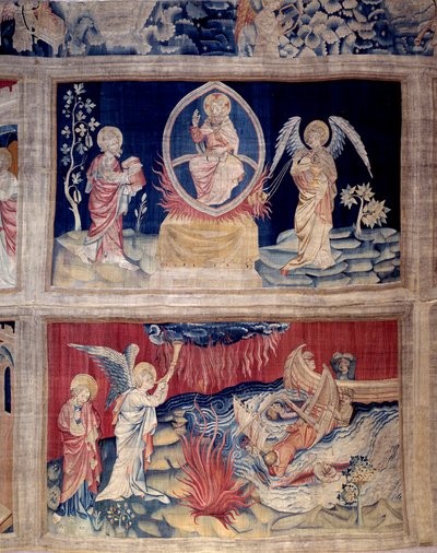 A cortina do Apocalipse (1373 -1383), no. 15 e 18: Deus e São João choram quando vêem o desastre. Tapeçaria de Nicolas Bataille (1330-1405) de Nicolas Bataille