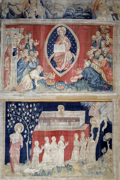 A cortina do Apocalipse (1373-1383), n. 5: o ancião prostrado diante de Cristo em majestade (Jesus Cristo em glória é representado dentro de uma mandorla). N. 11: as almas dos mártires. Tapeçaria de Nicolas Bataille (1330-1405) de Nicolas Bataille