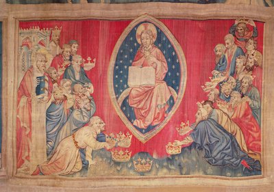 Os vinte e quatro anciãos se prostram diante de Deus, da tapeçaria do Apocalipse de Angers, 1373-87 (tapeçaria) de Nicolas Bataille