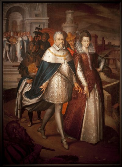Retrato de François I de Medicis (1541-1587), Grão-Duque da Toscana e sua filha Marie de Medicis (1575-1642), futura rainha da França. O Duque tem o colar da Ordem do Velo de Ouro. Pintura de Nicolas Bollery (falecido em 1630), óleo sobre tela de Nicolas Baullery
