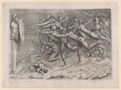 Arqueiros nus atirando em um alvo preso a uma herm, Cupido dormindo abaixo, possib..., ca. 1540-60. de Nicolas Beatrizet