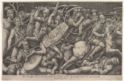 Soldados romanos lutando contra dácios, cena de batalha em profundidade rasa com cavalos e hor..., 1553. de Nicolas Beatrizet