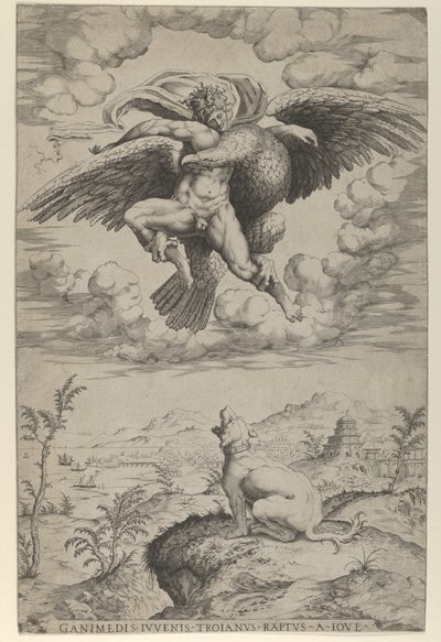 O Rapto de Ganimedes por Júpiter disfarçado de águia levando-o aos céus, oi..., 1542. de Nicolas Beatrizet