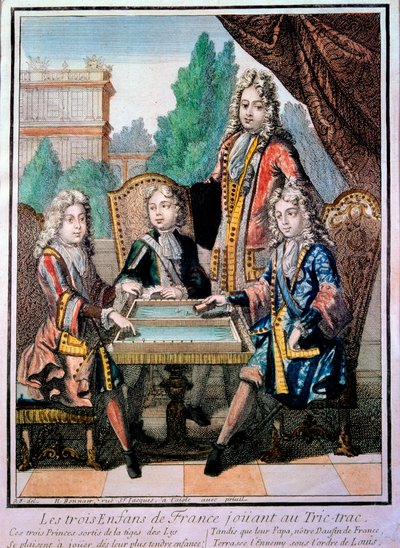Os netos de Luís XIV (1638-1715), Luís Duque de Borgonha (d. 1712), Philippe, Duque de Anjou (1683-1746), e Carlos, Duque de Berry com seu pai, Luís (d. 1711), golfinho da França, tocando tric trac (Trictrac ou Trictrac: antepassado de backga de Nicolas Bonnart