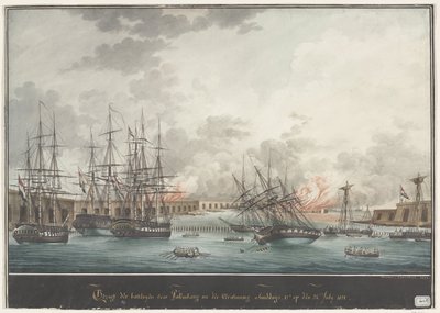 Vista das baterias fora de Palembang após a vitória ao meio-dia - 12h00 de 24 de Julho de 1821 (título sobre o objecto) de Nicolas Cammillieri