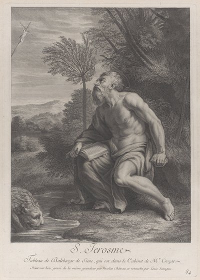 São Jerônimo sentado em uma árvore olhando para um crucifixo, um leão bebendo água de uma r..., 1728 de Nicolas Chateau