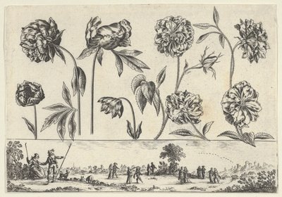 Painel horizontal com uma fileira de flores acima de um friso com figuras em uma paisagem, de Li..., 1645. de Nicolas Cochin