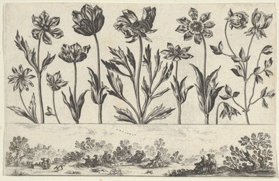 Painel horizontal com uma fileira de flores acima de um friso com figuras em uma paisagem, de Li..., 1645. de Nicolas Cochin