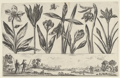Painel horizontal com uma fileira de flores acima de um friso com figuras em uma paisagem, de Li..., 1645. de Nicolas Cochin