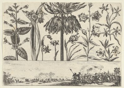 Painel horizontal com uma fileira de flores acima de um friso com uma cena de batalha em uma paisagem, ..., 1645. de Nicolas Cochin