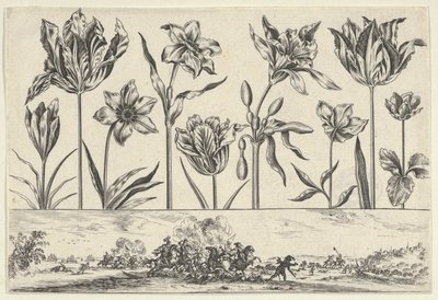 Painel horizontal com uma fileira de flores acima de um friso com uma cena de batalha em uma paisagem, ..., 1645. de Nicolas Cochin