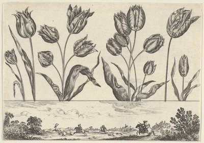 Painel horizontal com uma fileira de flores acima de um friso com uma cena de caça em uma paisagem,..., 1645. de Nicolas Cochin