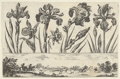 Painel horizontal com uma fileira de flores acima de um friso com uma cena de caça em uma paisagem,..., 1645. de Nicolas Cochin