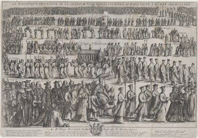 A procissão da urna de Santa Genoveva, com clérigos e leigos marchando em seis filas..., 1652. de Nicolas Cochin