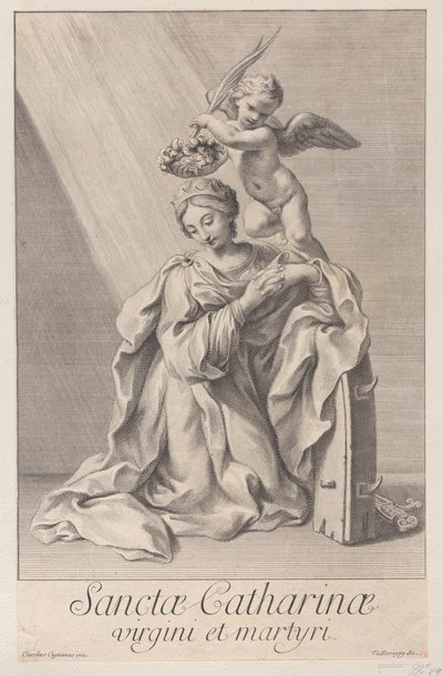 Santa Catarina de Alexandria, ajoelhada com o cotovelo apoiado na roda cravada, e um..., 1698. de Nicolas Dorigny