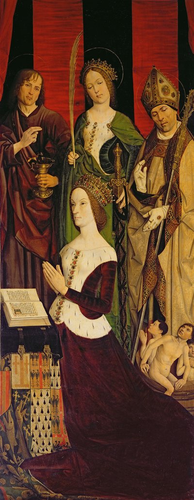Tríptico de Moisés e a Sarça Ardente, painel à direita representando Jeanne de Laval (d.1498) com São João, Santa Catarina e São Nicolau, c.1476 (ver também 26542, 173010 e 232840) de Nicolas Froment
