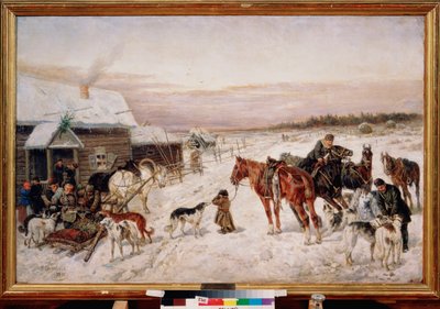 Antes de um pub no inverno - Pintura de Nikolai Yegorovich Sverchkov (Nicolas Swertschkoff) (1817-1898), óleo sobre tela de Nicolas Gregorovitch Svertschkoff